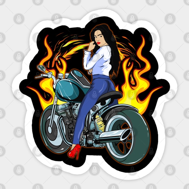 Cool Biker Woman With Flaming Motorcycle Lover Sticker by SoCoolDesigns